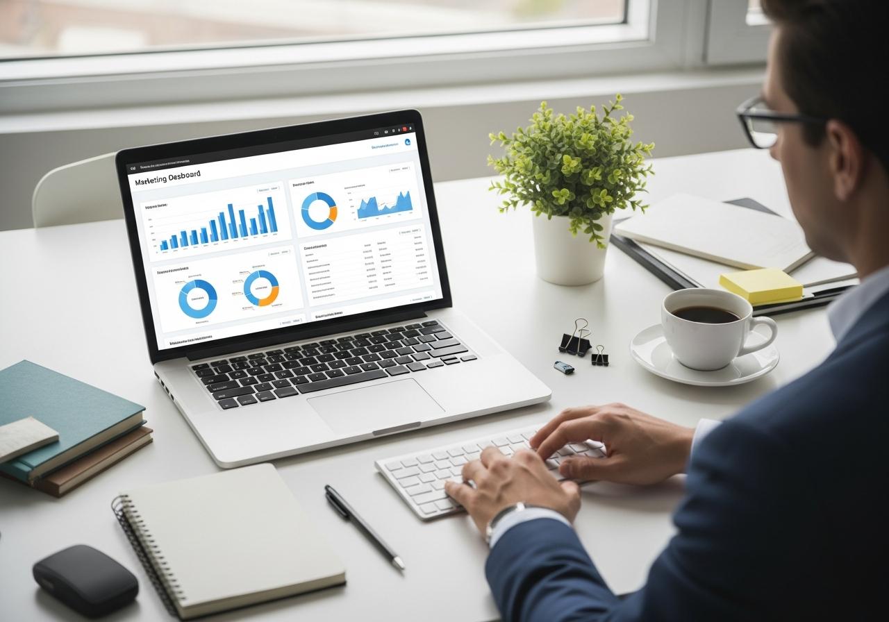 Ein Laptop zeigt ein Marketing Dashboard mit Diagrammen und Datenanalyse, daneben Kaffee und Notizbuch auf einem Schreibtisch