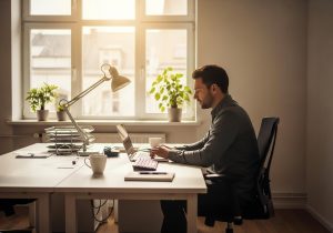 Ein Freelancer sitzt entspannt mit Laptop am Schreibtisch und arbeitet im Hintergrund an Agenturprojekten
