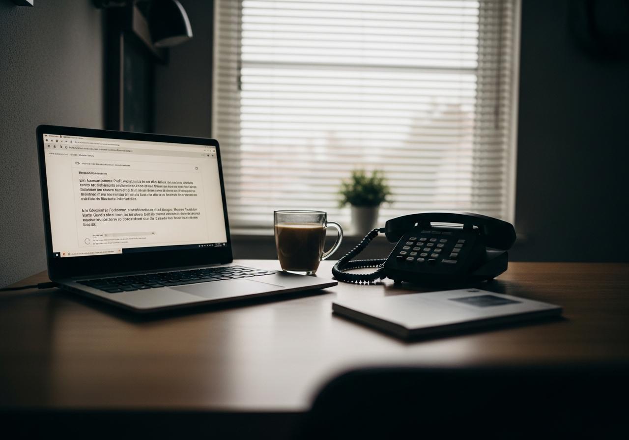 Ein Experte sitzt nachts konzentriert vor dem Laptop mit Telefon und Kaffee, bereit für einen dringenden Auftrag.