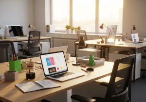 Ein Laptop mit offener Website Vorlage auf dem Bildschirm in einem modernen Büro mit Tageslicht