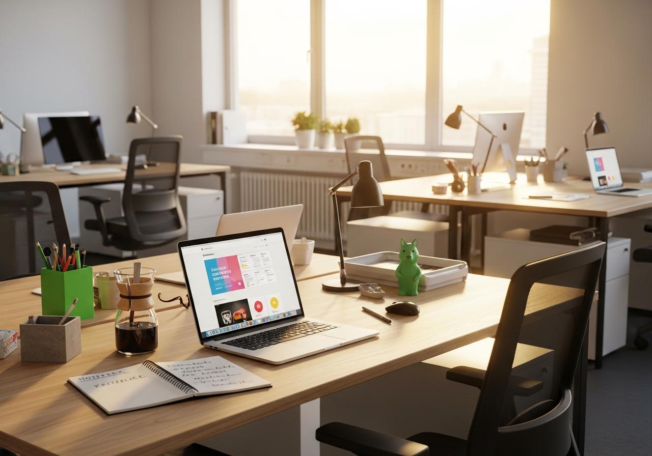 Ein Laptop mit offener Website Vorlage auf dem Bildschirm in einem modernen Büro mit Tageslicht