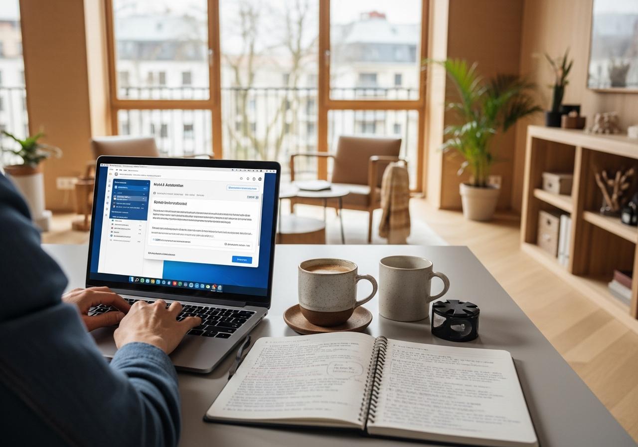 Person plant am Laptop monatliche Blogthemen mit KI Unterstützung, Kaffee und Notizbuch auf Schreibtisch