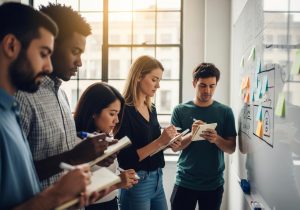 Ein Team arbeitet gemeinsam an einem Discovery Workshop um Missverständnisse zu vermeiden und Projekte richtig auszurichten