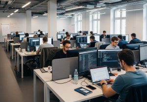 Entwickler arbeiten an WordPress Backend und modernen Frontend Technologien für schnellen E Commerce Shop