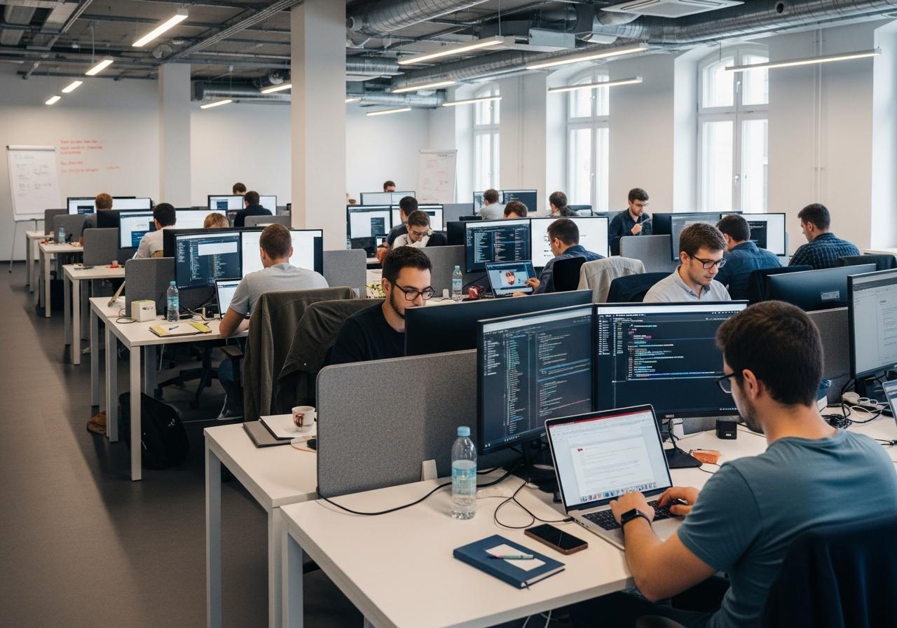 Entwickler arbeiten an WordPress Backend und modernen Frontend Technologien für schnellen E Commerce Shop