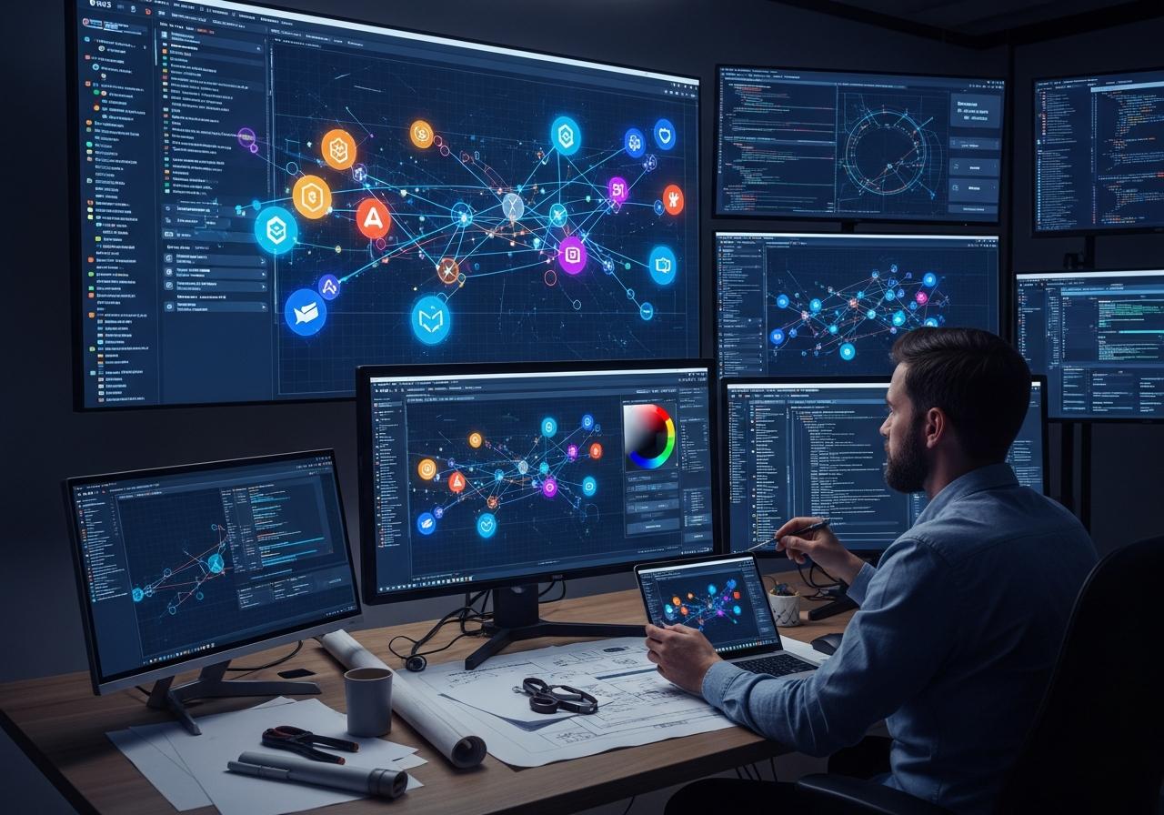 Ein Designer arbeitet an einem Web3 Interface mit leuchtenden Symbolen, die Blockchain und digitale Kreativität darstellen.