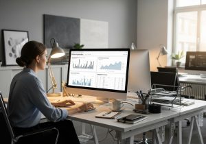 Person analysiert Marketing Reports mit Fokus auf Leads, Verkäufe und Conversions auf Computerbildschirm
