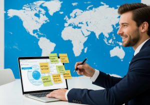Unternehmer arbeitet global mit Laptop, Weltkarte im Hintergrund, Notizen zu Sprachen und Zeitzonen auf dem Tisch.