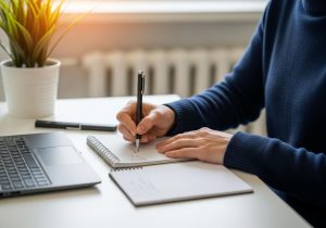 Person sitzt am Schreibtisch und schreibt kreative Ideen in ein Notizbuch bei natürlicher Beleuchtung