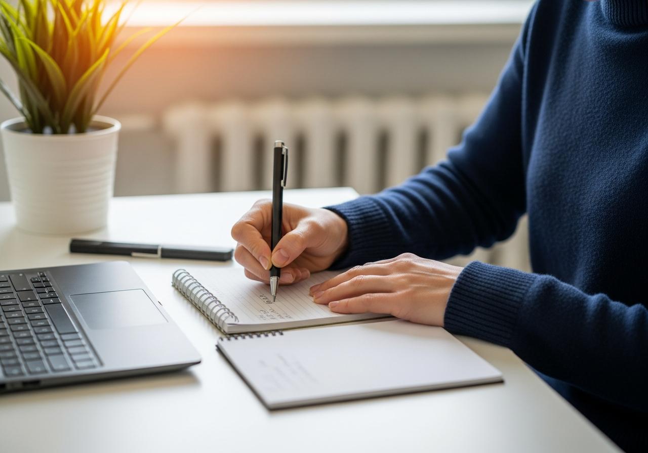 Person sitzt am Schreibtisch und schreibt kreative Ideen in ein Notizbuch bei natürlicher Beleuchtung