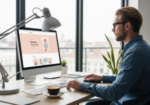 Ein Designer arbeitet konzentriert an einem Computerbildschirm, der eine klare und ehrliche Benutzeroberfläche zeigt.