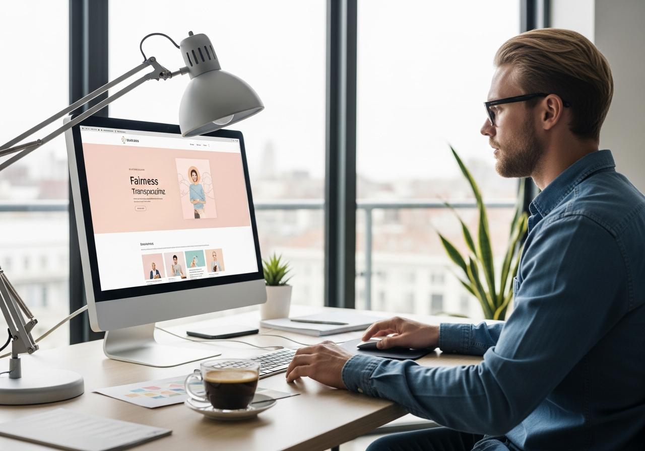 Ein Designer arbeitet konzentriert an einem Computerbildschirm, der eine klare und ehrliche Benutzeroberfläche zeigt.