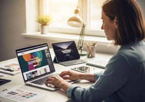 Designer arbeitet an Farbauswahl und Typografie für die Markenentwicklung eines Webdesign Projekts