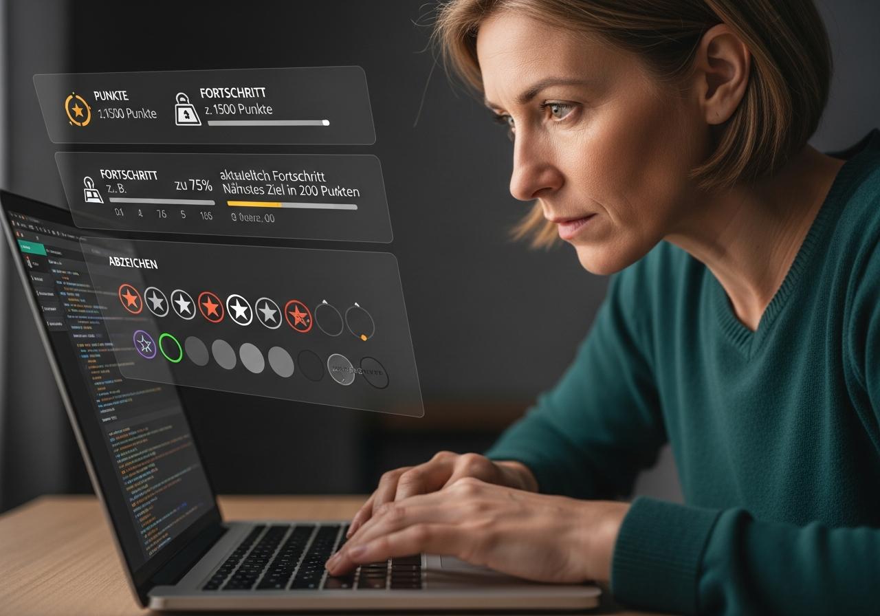 Person arbeitet am Laptop während Symbole für Punkte Fortschrittsbalken und Abzeichen um sie herum erscheinen.