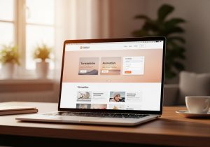 Ein Designer arbeitet am Laptop an einer Website mit sanften Lottie-Animationen und CSS-Transitions in Elementor