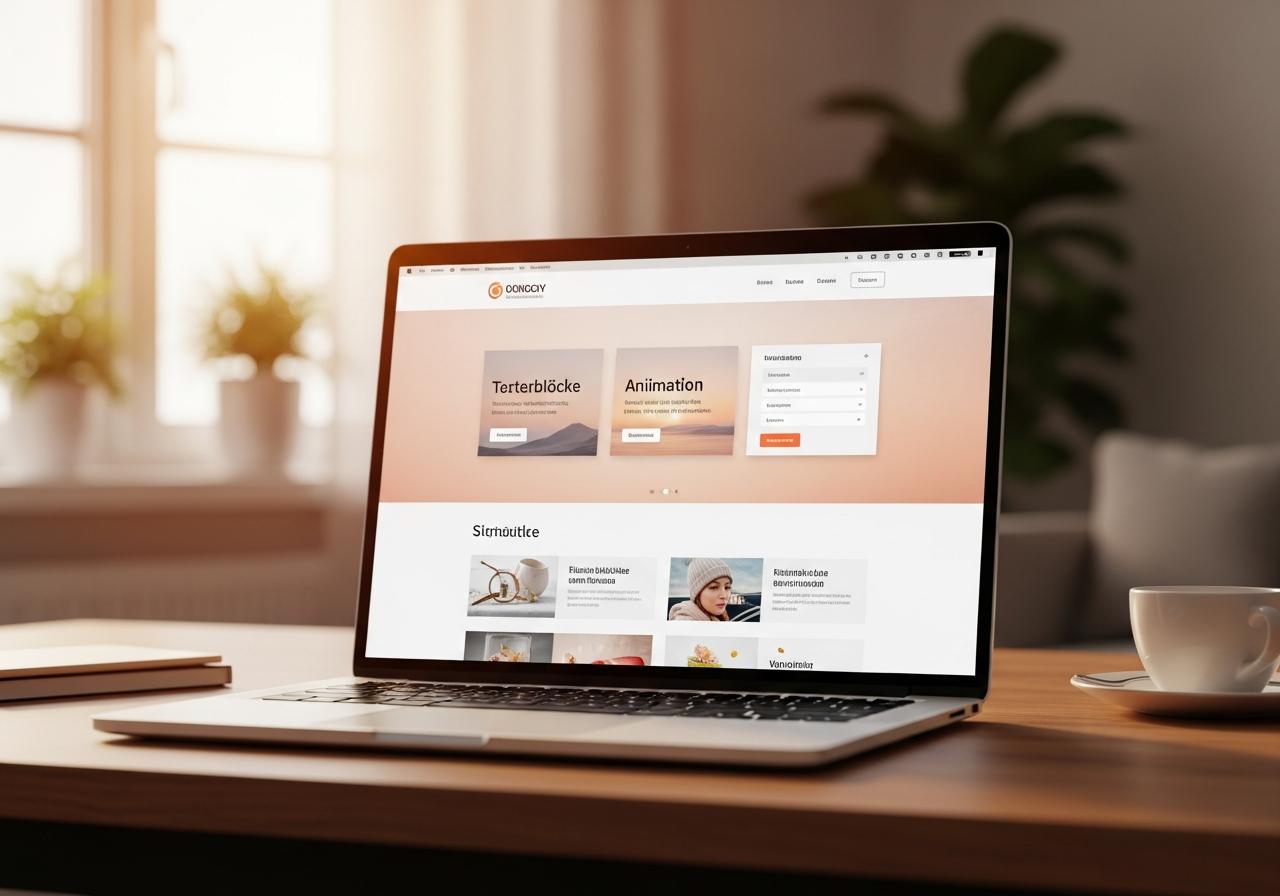 Ein Designer arbeitet am Laptop an einer Website mit sanften Lottie-Animationen und CSS-Transitions in Elementor
