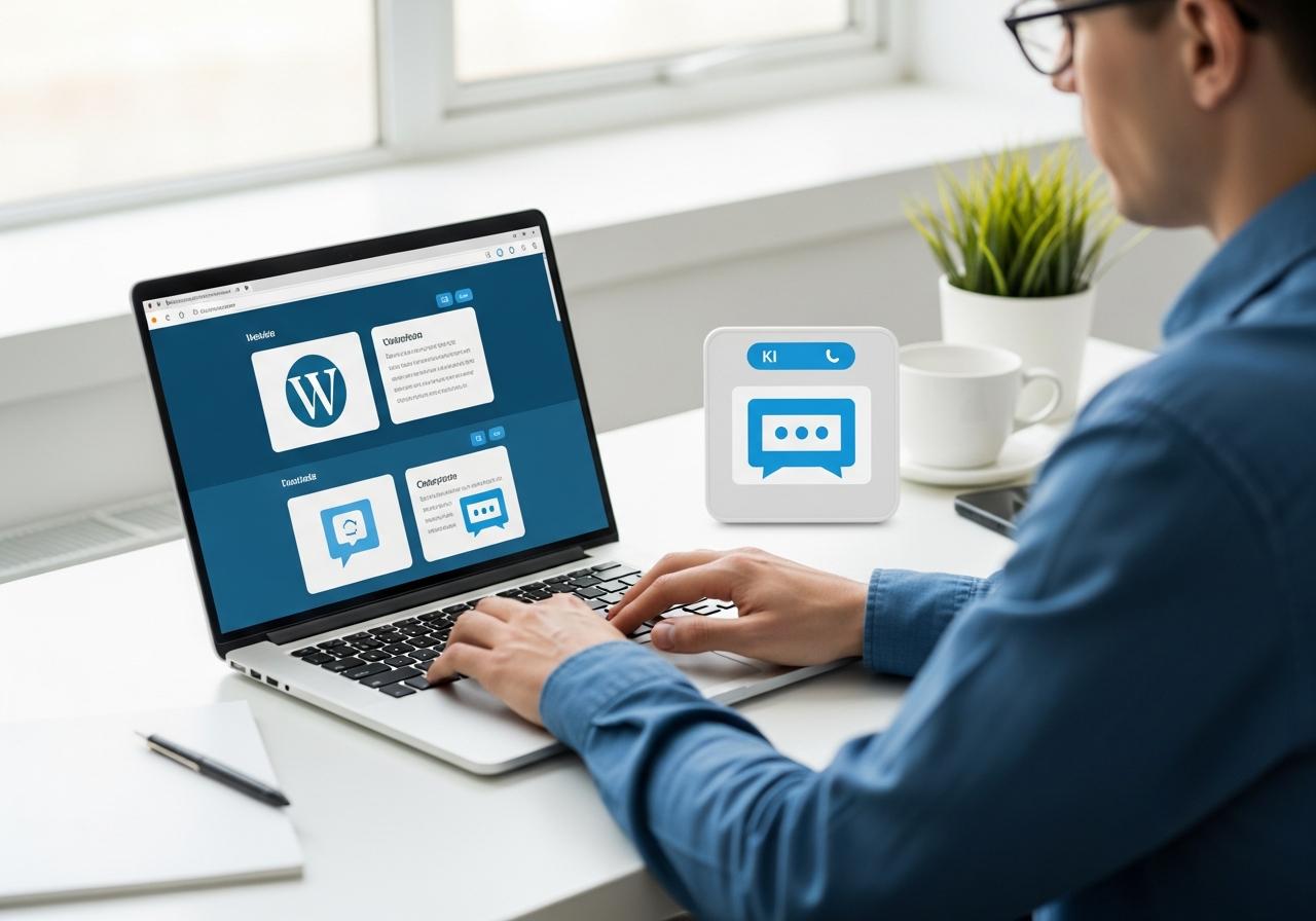 Ein Webdesigner arbeitet konzentriert an einem Laptop und richtet einen intelligenten KI Chatbot auf einer WordPress Website ein.
