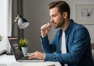 Person sitzt am Schreibtisch und programmiert ein eigenes WordPress Plugin mit Fokus auf Bildschirm und Arbeitsumgebung.