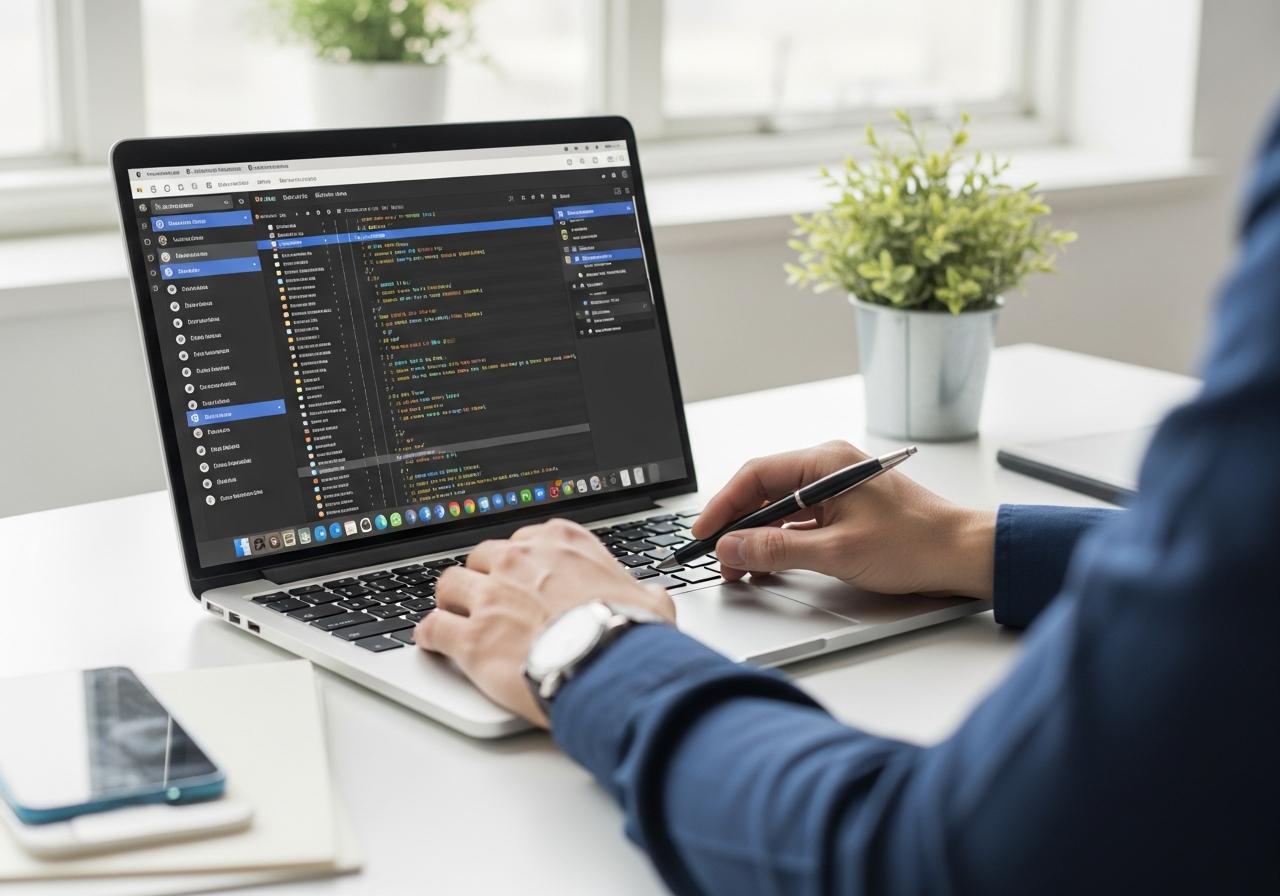 Entwickler arbeitet am Laptop an einem WordPress Plugin mit offenem Dashboard und Code Editor im Hintergrund.