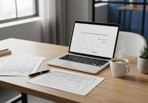 Ein Laptop mit geöffnetem Webseiten Layout, Notizen und Kaffee auf einem Schreibtisch als Symbol für produktisierte Services