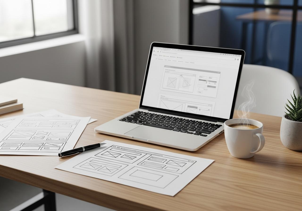 Ein Laptop mit geöffnetem Webseiten Layout, Notizen und Kaffee auf einem Schreibtisch als Symbol für produktisierte Services