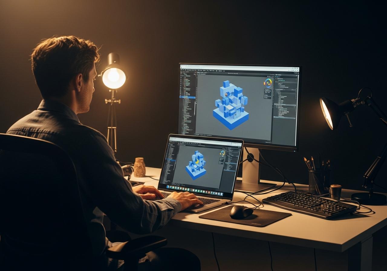 Designer arbeitet an einem 3D-Webprojekt mit Spline und Three.js auf einem Laptop in einem modernen Studio
