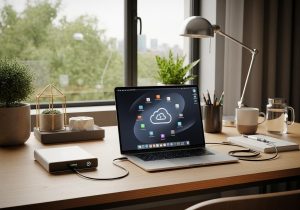 Fotorealistisches Bild eines modernen Arbeitsplatzes mit Laptop externer Festplatte und Cloud Symbol zur Datensicherung