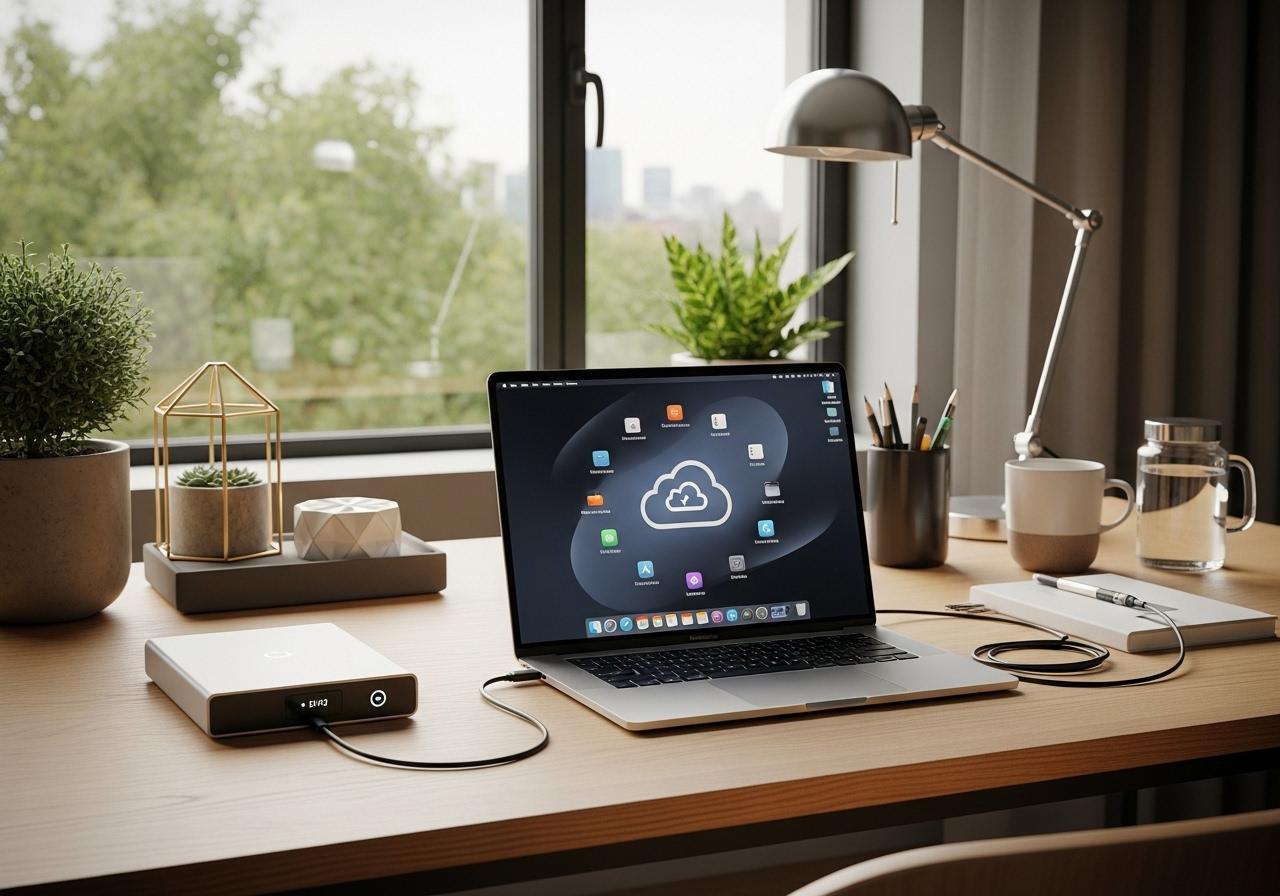 Fotorealistisches Bild eines modernen Arbeitsplatzes mit Laptop externer Festplatte und Cloud Symbol zur Datensicherung