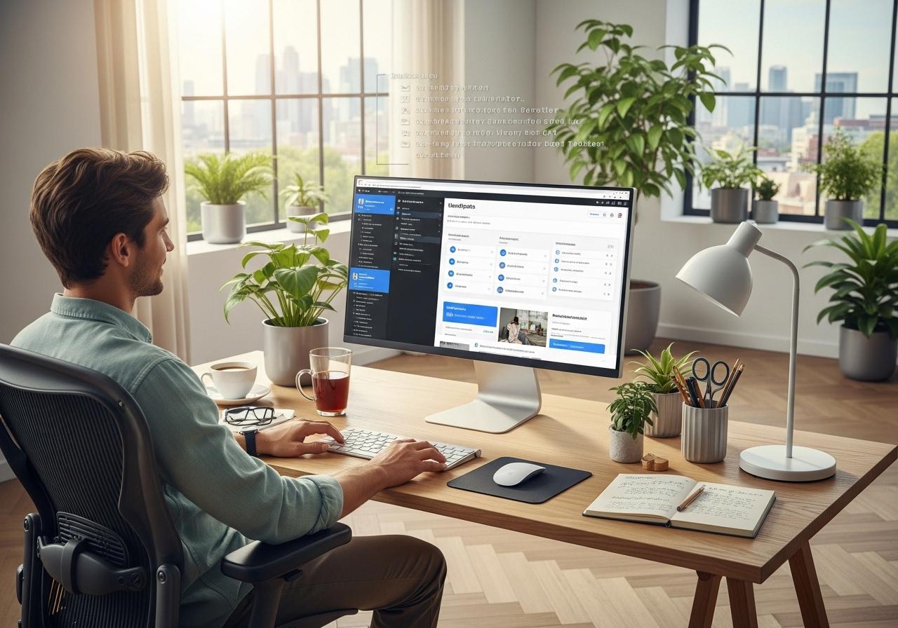 Ein Webentwickler arbeitet an WordPress Custom Post Types auf einem modernen Monitor in einem hellen Büro