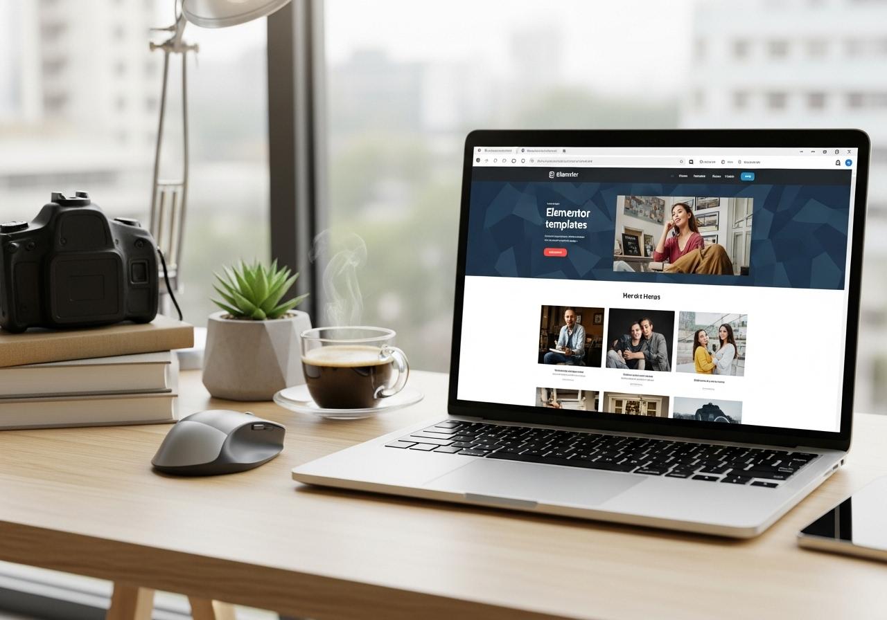 Ein moderner Schreibtisch mit einem aufgeklappten Laptop, auf dem Elementor mit geöffneten Templates und Design-Kits für Webdesign angezeigt wird.