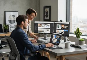 Ein Webdesigner sitzt am Laptop und arbeitet mit Elementor Templates und Design-Kits, um Layouts schneller zu erstellen.