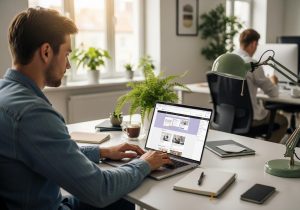 Ein Webdesigner sitzt an einem Laptop und vergleicht Elementor Divi und andere Page Builder für WordPress Websites