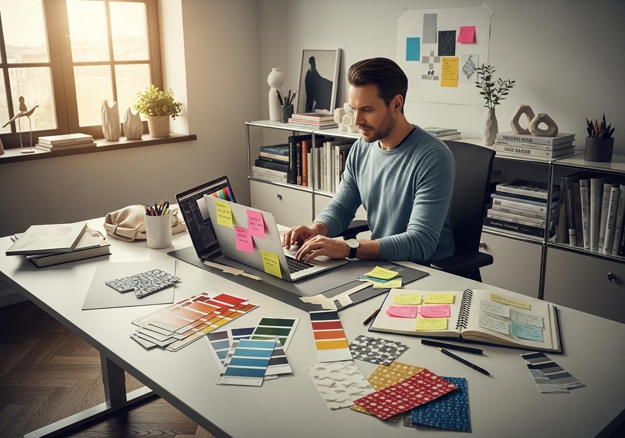 Designer am Schreibtisch mit Farbfächern und Laptop wählt harmonische Farbpalette aus bei Tageslicht