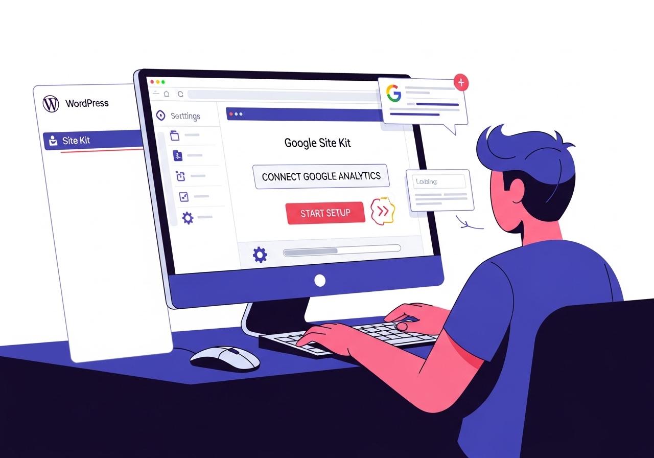 Illustration einer Person, die das Google Site Kit Plugin im WordPress-Dashboard auf einem Laptop einrichtet.