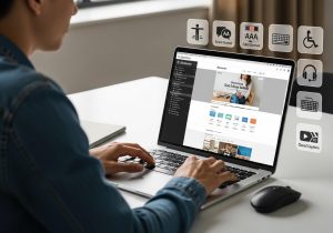Foto eines Designers, der eine Website mit WordPress und Elementor am Laptop barrierefrei gestaltet, mit gut erkennbaren Accessibility-Symbolen im Bild.