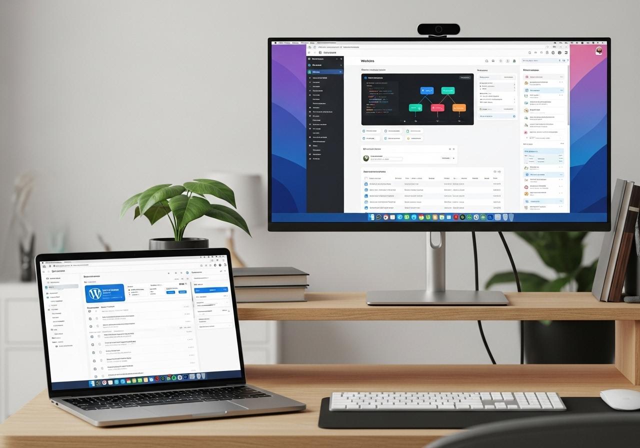Laptop mit WordPress Backend und Monitor mit React Frontend als Beispiel für Headless CMS Integration