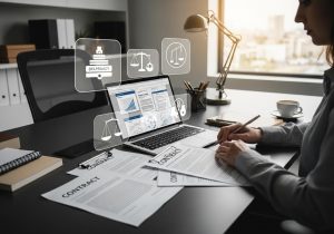 Ein Freelancer sitzt an einem Schreibtisch mit Laptop, Vertragsunterlagen und Symbolen für Datenschutz und rechtliche Absicherung.