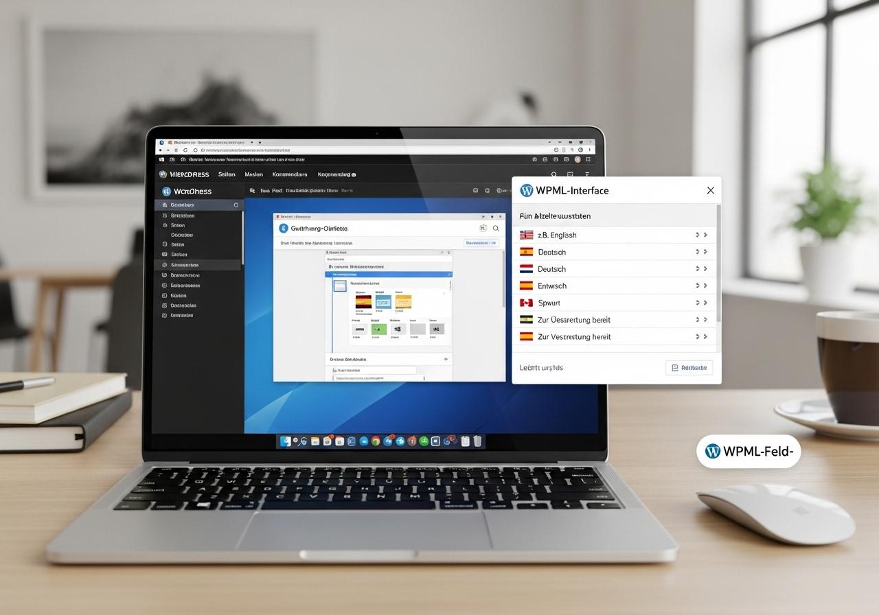 Ein Laptop zeigt die WordPress Oberfläche mit WPML Plugin zur Einrichtung einer mehrsprachigen Website