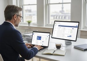 Designer arbeitet am Laptop an mehrstufigen Elementor Formularen mit moderner Büroeinrichtung im Hintergrund