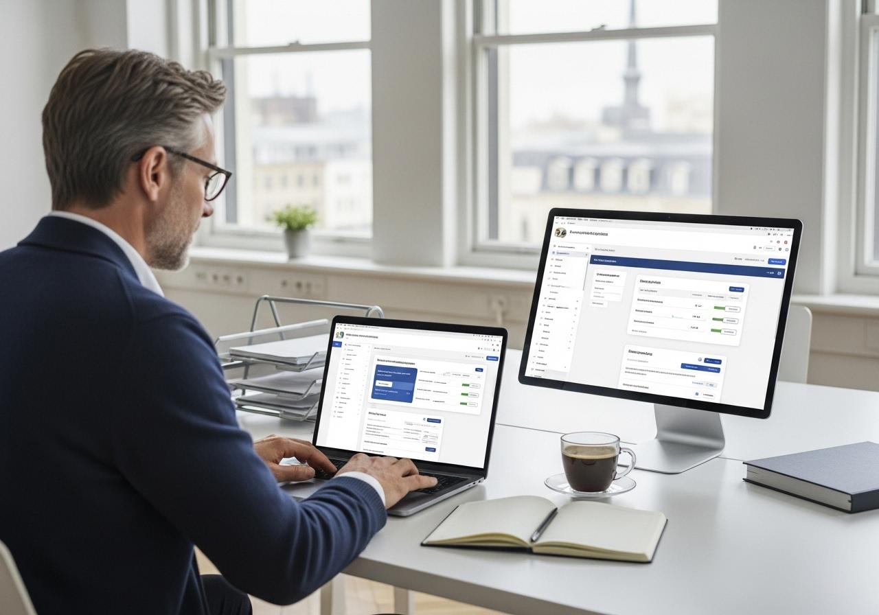 Designer arbeitet am Laptop an mehrstufigen Elementor Formularen mit moderner Büroeinrichtung im Hintergrund