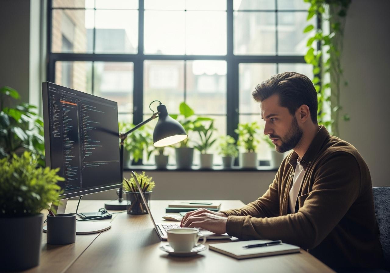 Entwickler sitzt am Laptop und arbeitet mit der WordPress REST API in einem modernen Büro mit heller Atmosphäre