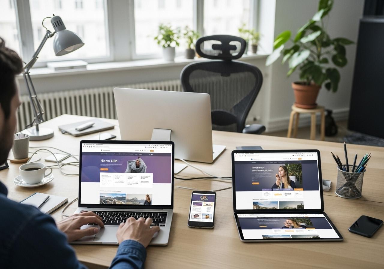 Ein Webdesigner arbeitet am Laptop, während Smartphone und Tablet auf dem Tisch das responsive Design der Website anzeigen.