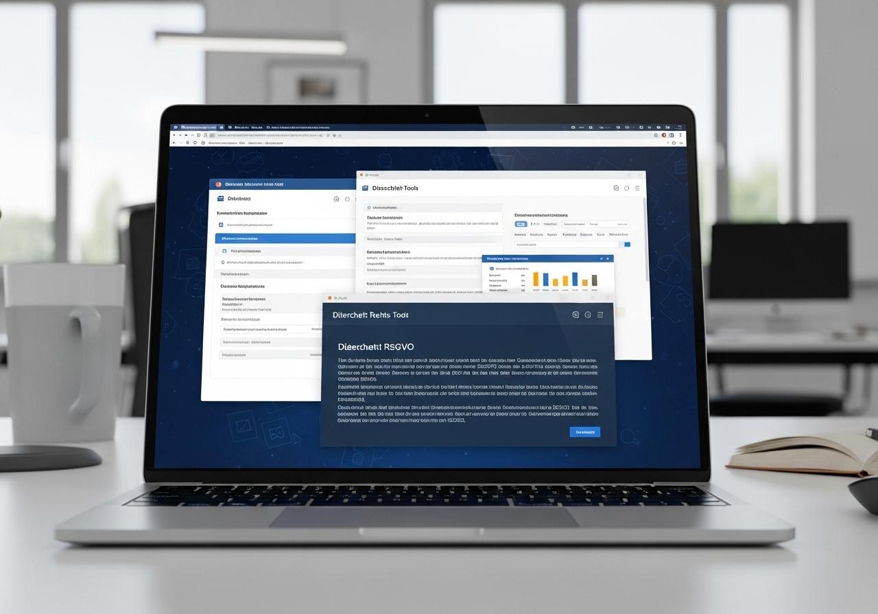 Ein Laptop zeigt Datenschutz Tools und Rechtstexte auf dem Bildschirm, auf einem Schreibtisch im modernen Büro fotografiert