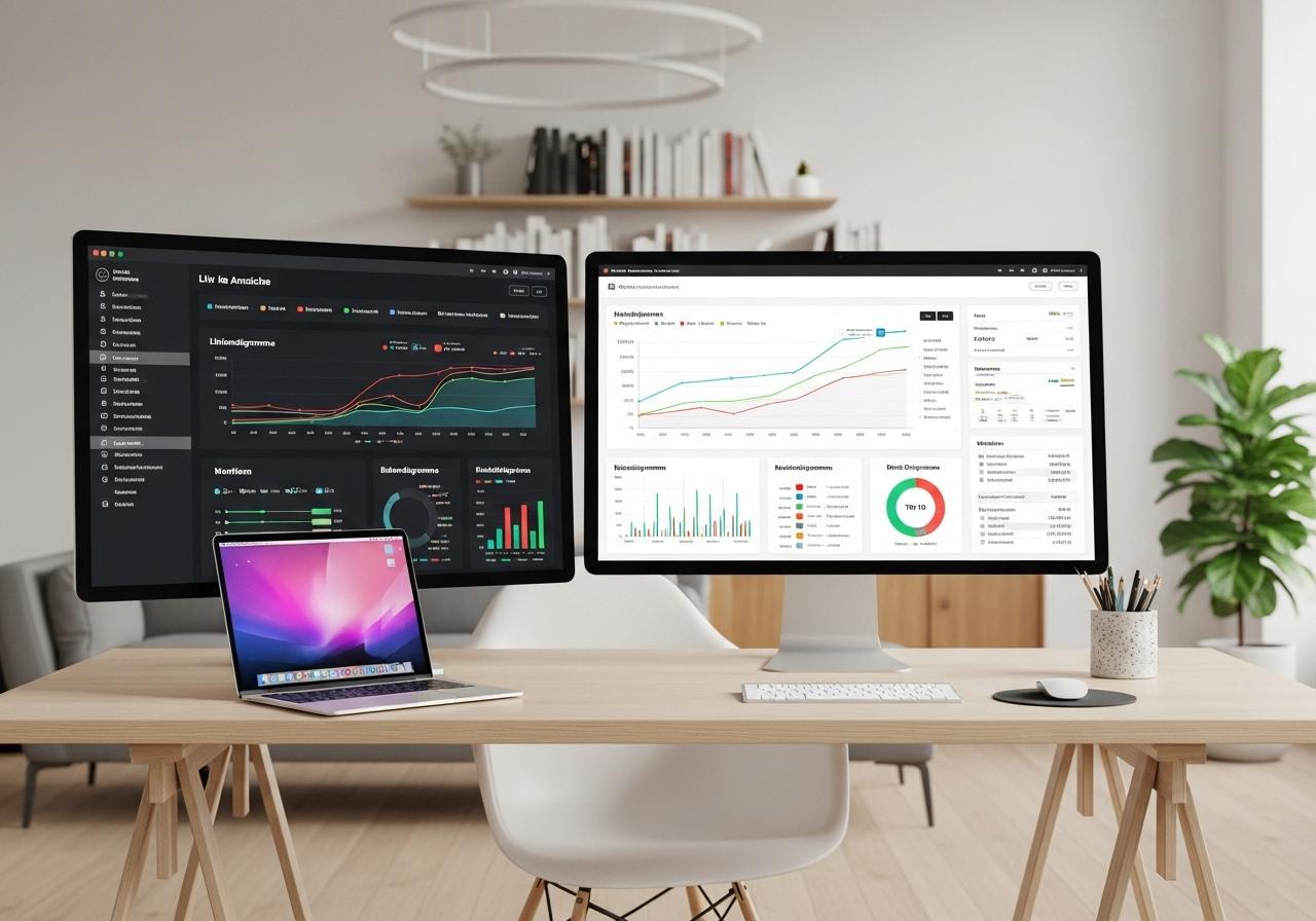 Laptop mit offener Website und SEO Analyse Diagrammen auf Schreibtisch in modernem Büro