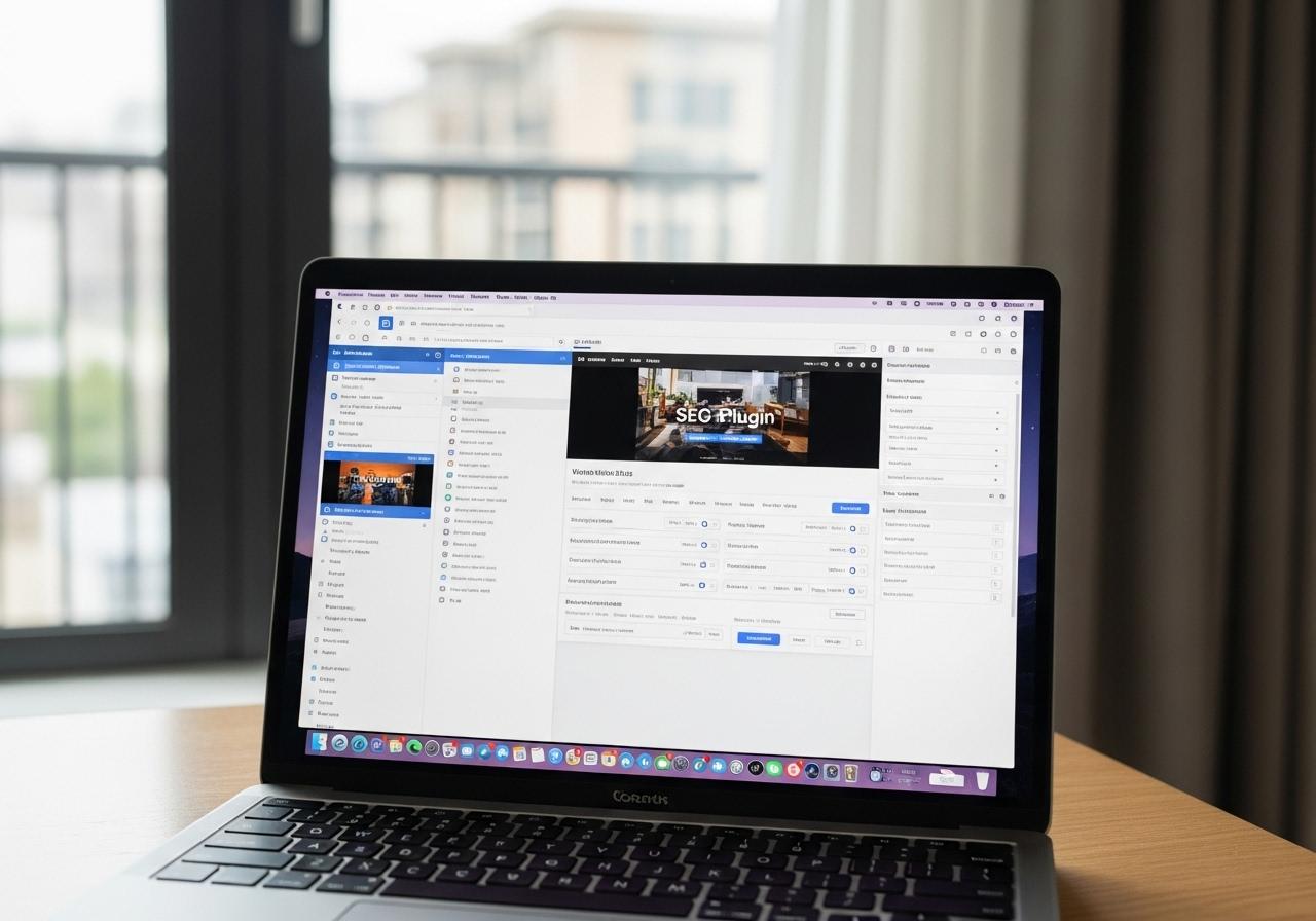 Laptop mit geöffneter WordPress-Oberfläche, sichtbare SEO-Plugin-Einstellungen auf dem Bildschirm, aufgenommen auf einem hellen Schreibtisch.