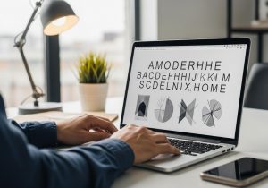 Designer sitzt vor Laptop und wählt moderne Fonts für eine benutzerfreundliche Website aus