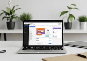 Moderner Laptop mit geöffnetem WooCommerce Dashboard auf einem Schreibtisch mit Pflanzen und Kaffee.