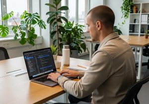 Entwickler arbeitet am Laptop mit WordPress Backend und schreibt Code für ein Child Theme im modernen Büro mit Pflanzen