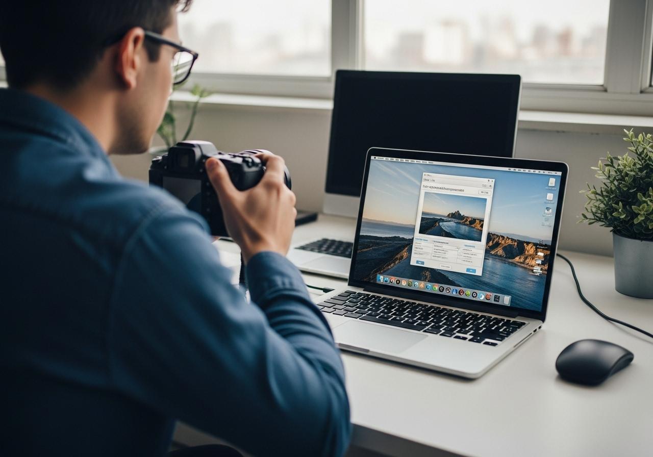 Arbeitsplatz mit Laptop auf dem ein Bildkompressionstool geöffnet ist zur Optimierung von Bildern ohne Qualitätsverlust