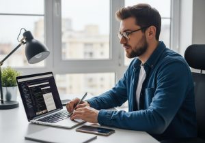 Ein Webentwickler arbeitet konzentriert am Laptop, um die Core Web Vitals und Ladezeit einer Website zu verbessern.